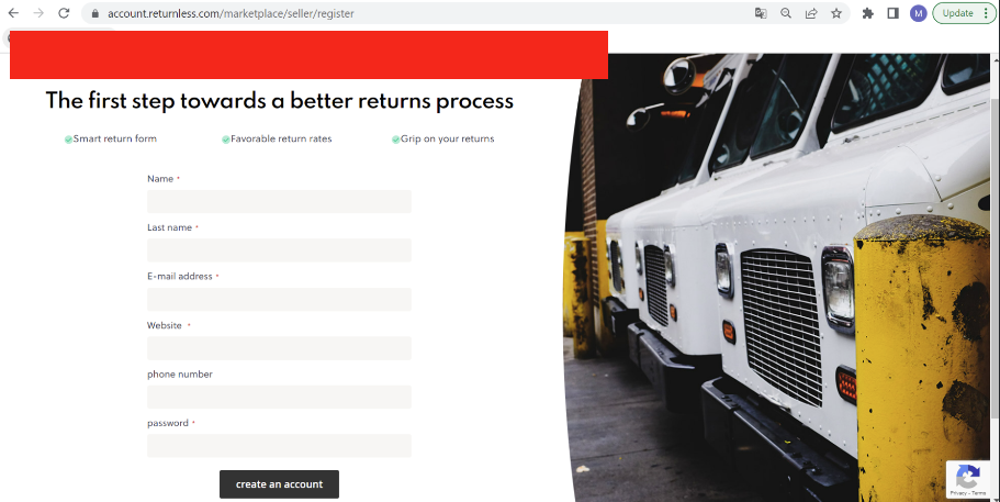 Returnless Set Up Account page
