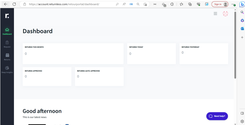 Returnless Dashboard page after account creation
