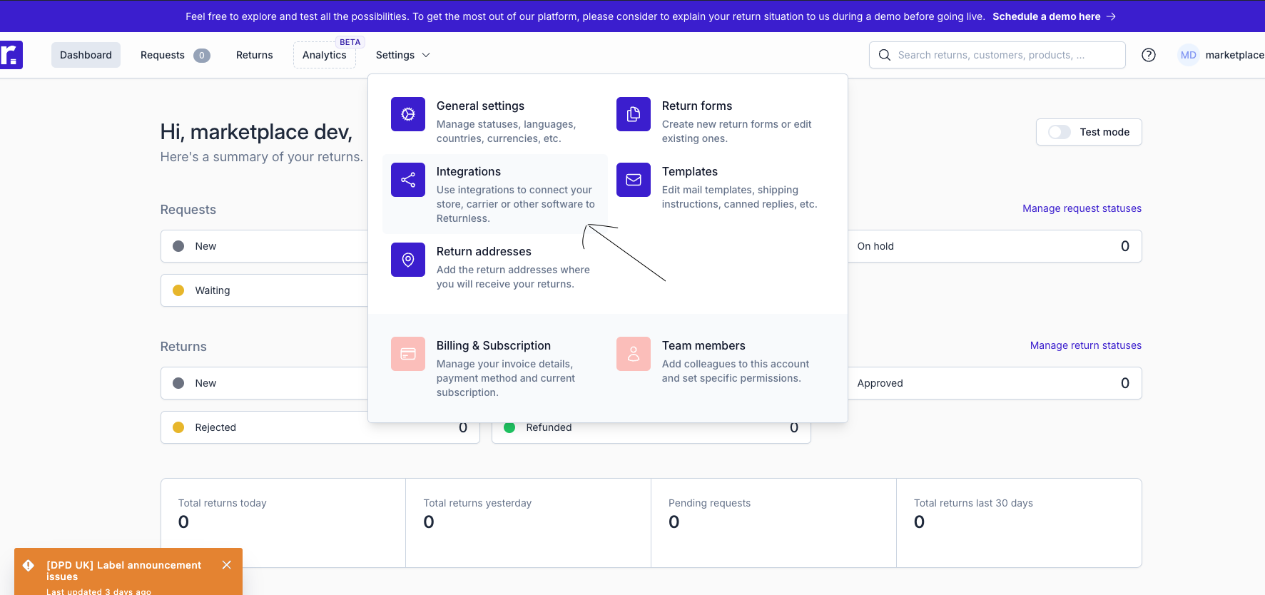 Returnless Settings > Integrations menu