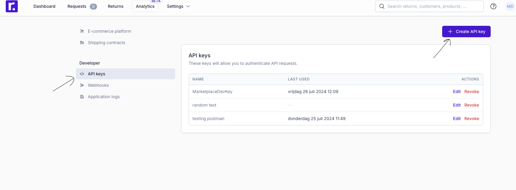 Create API Key button in Developer Settings