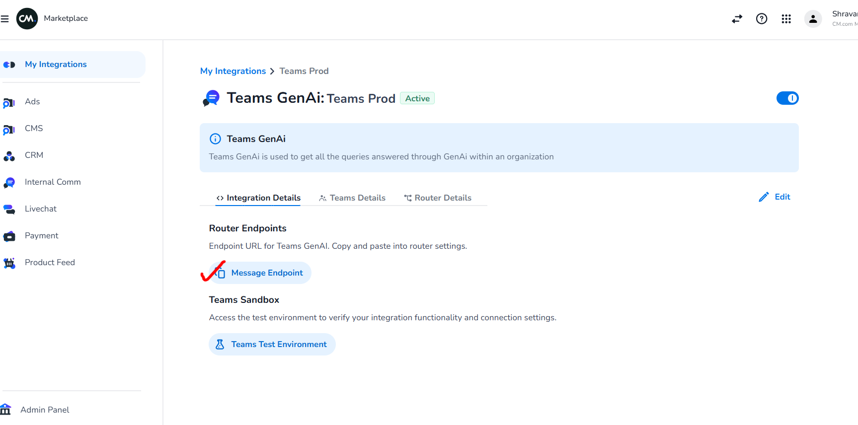 Copy the message endpoint from Marketplace UI
