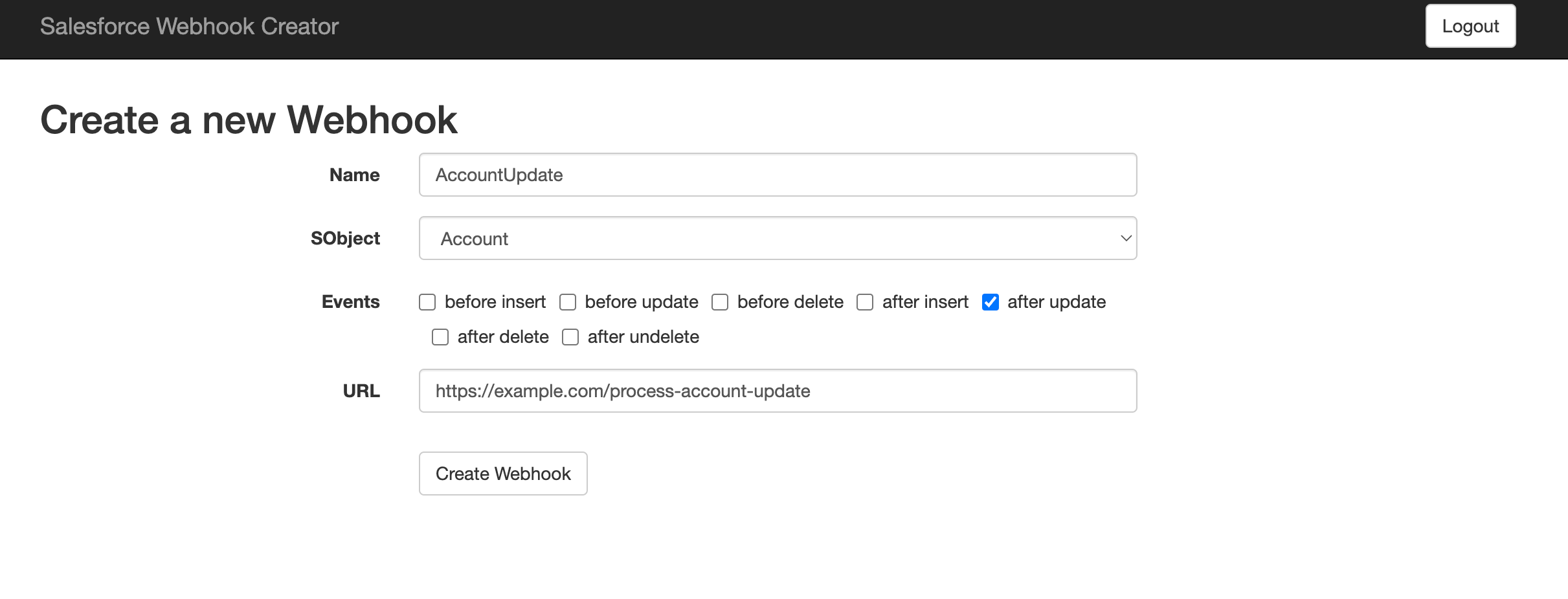 Salesforce webhook creator tool after login