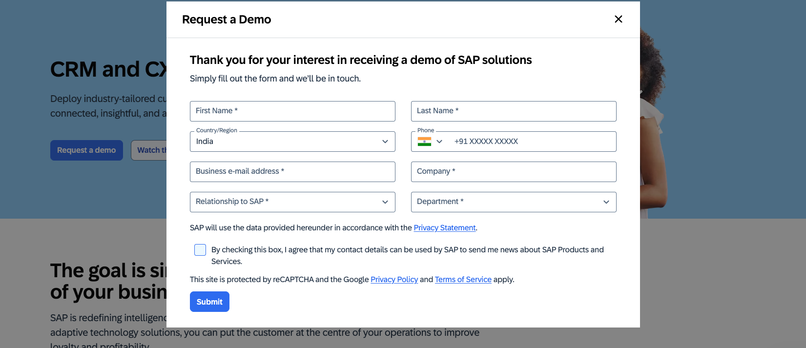 SAP CRM demo request form