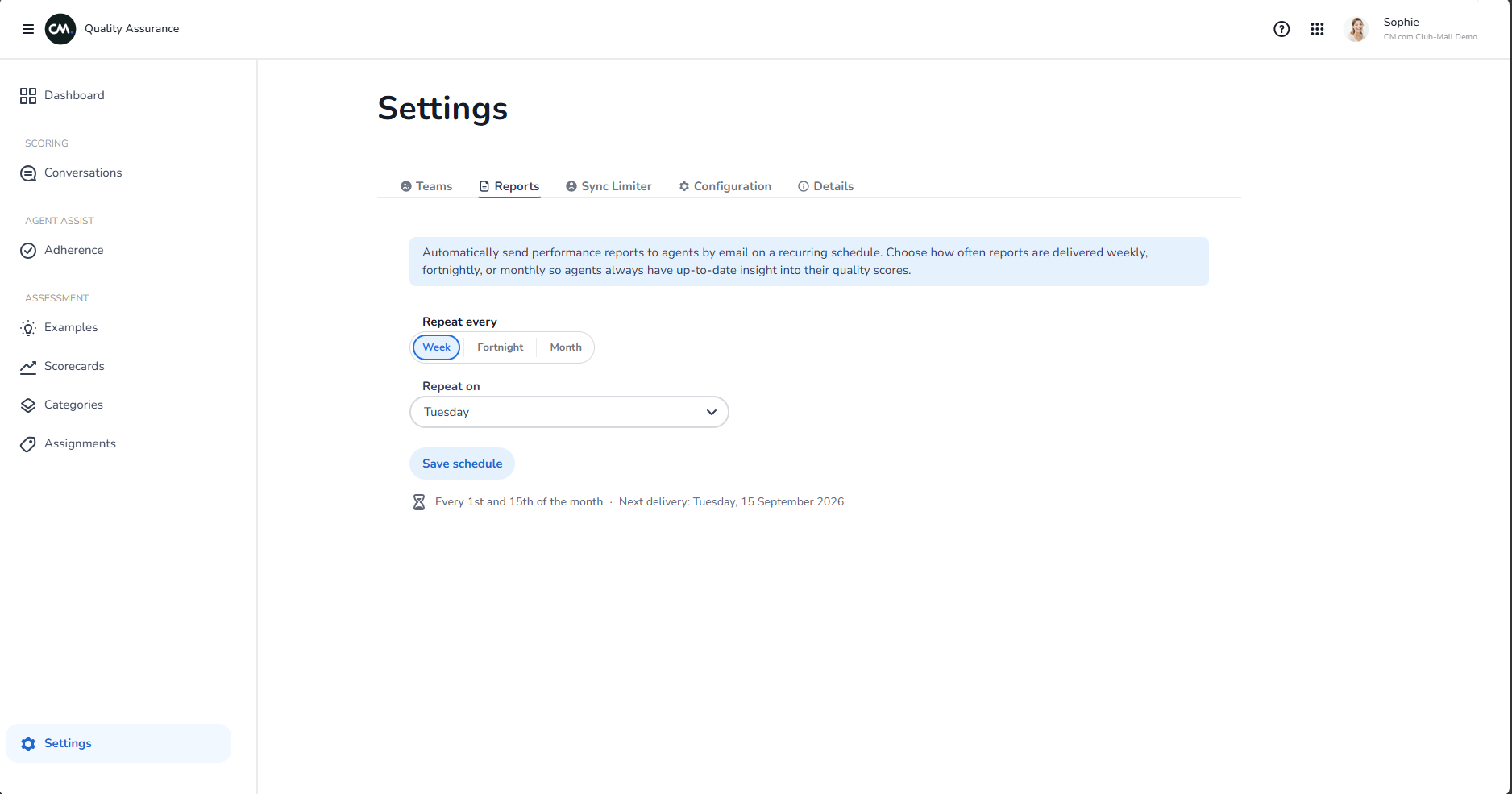 Scheduled reports configuration