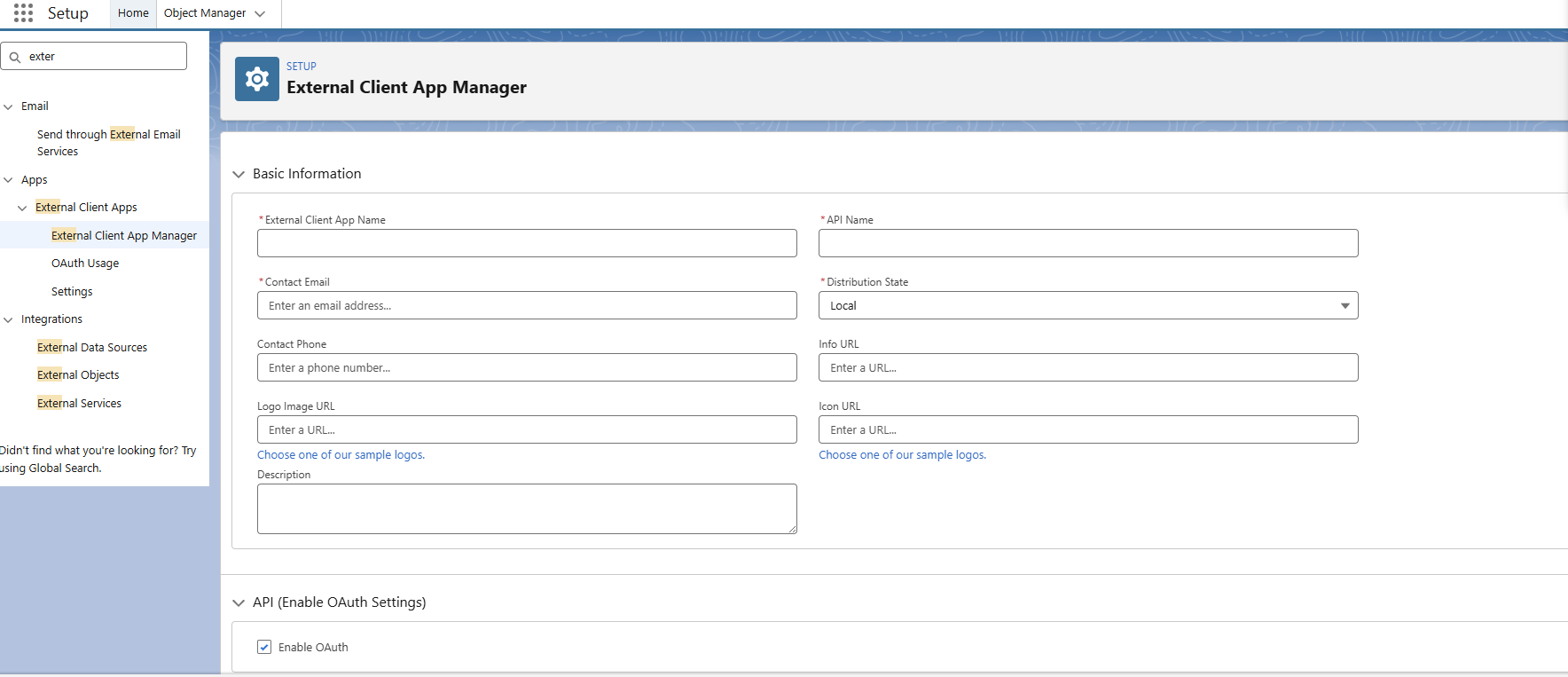 External Client App Basic Information section form