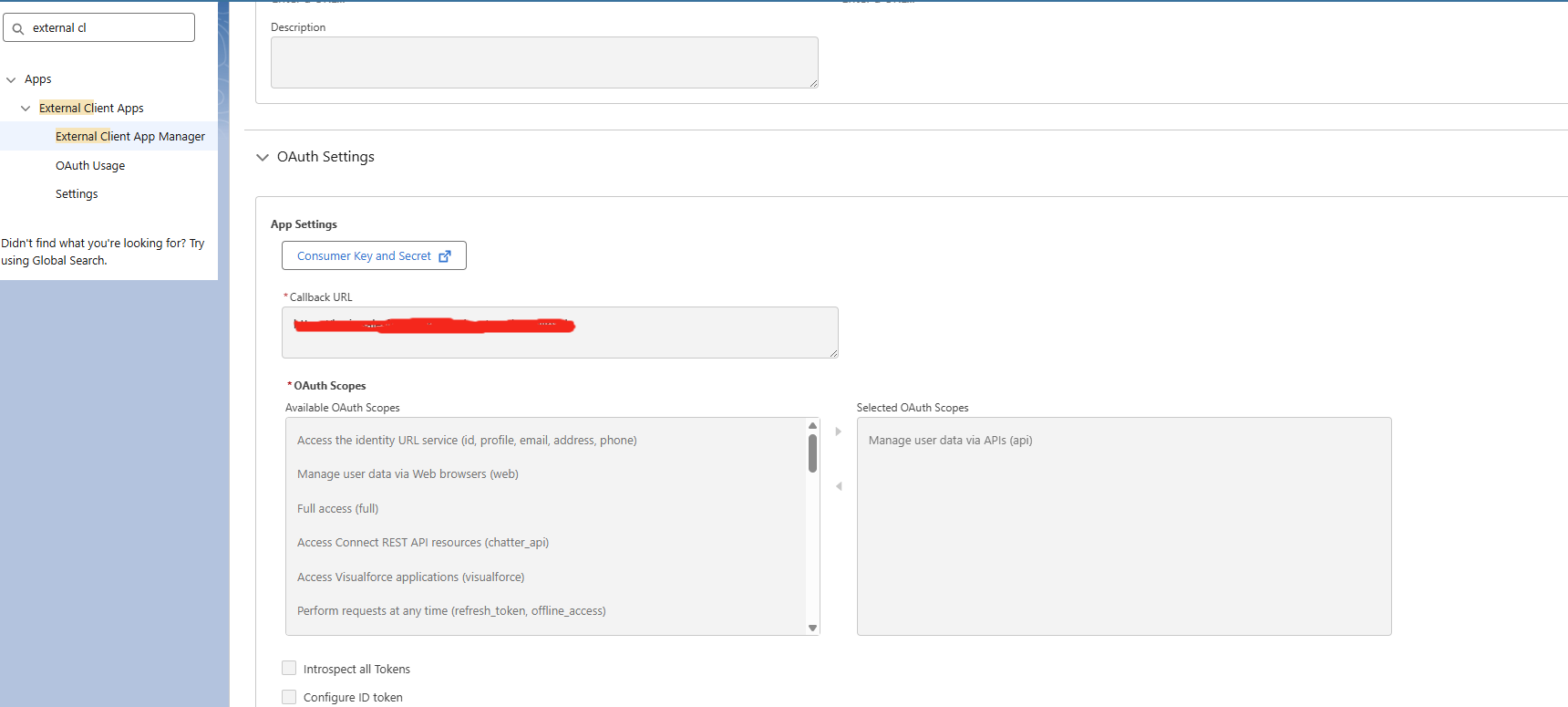 OAuth Settings section with the Consumer Key and Secret link