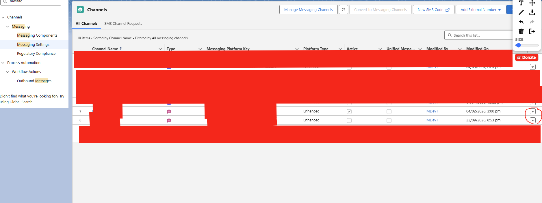Salesforce channel list with the edit icon highlighted