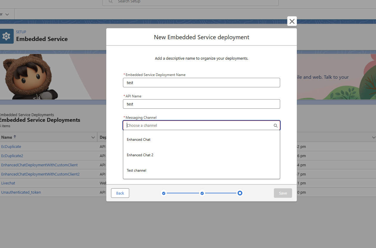 Deployment form with the messaging channel selected before saving