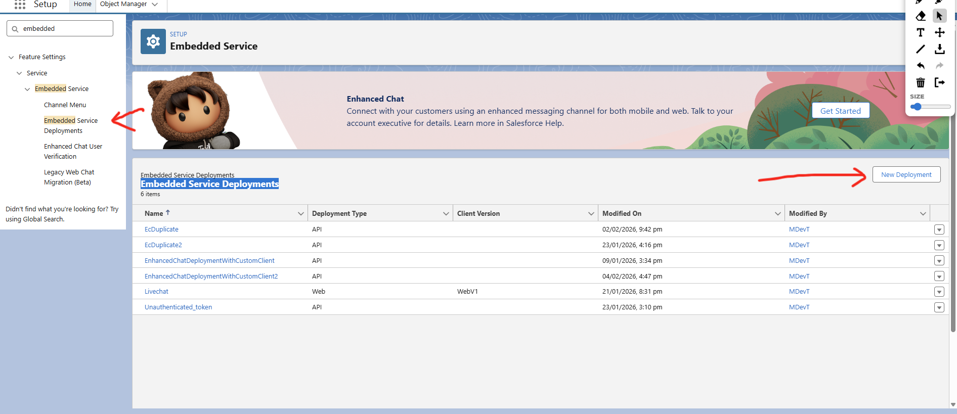 Embedded Service Deployments search with New Deployment option