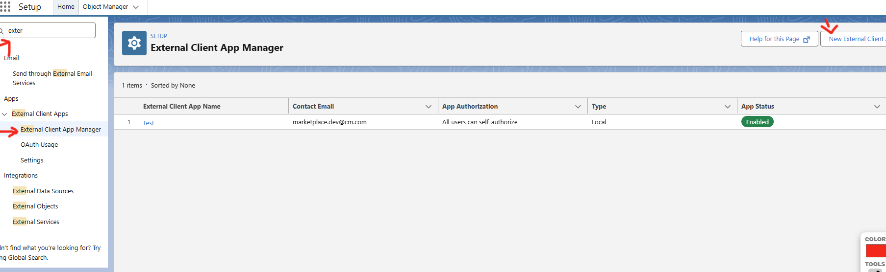 External Client App Manager search with New External Client App option