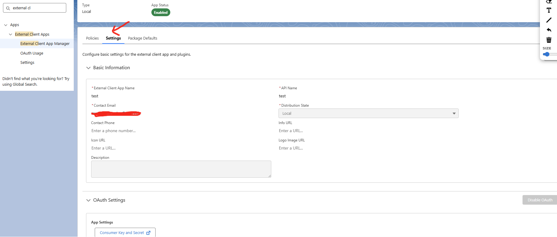 External Client App list with the settings option highlighted