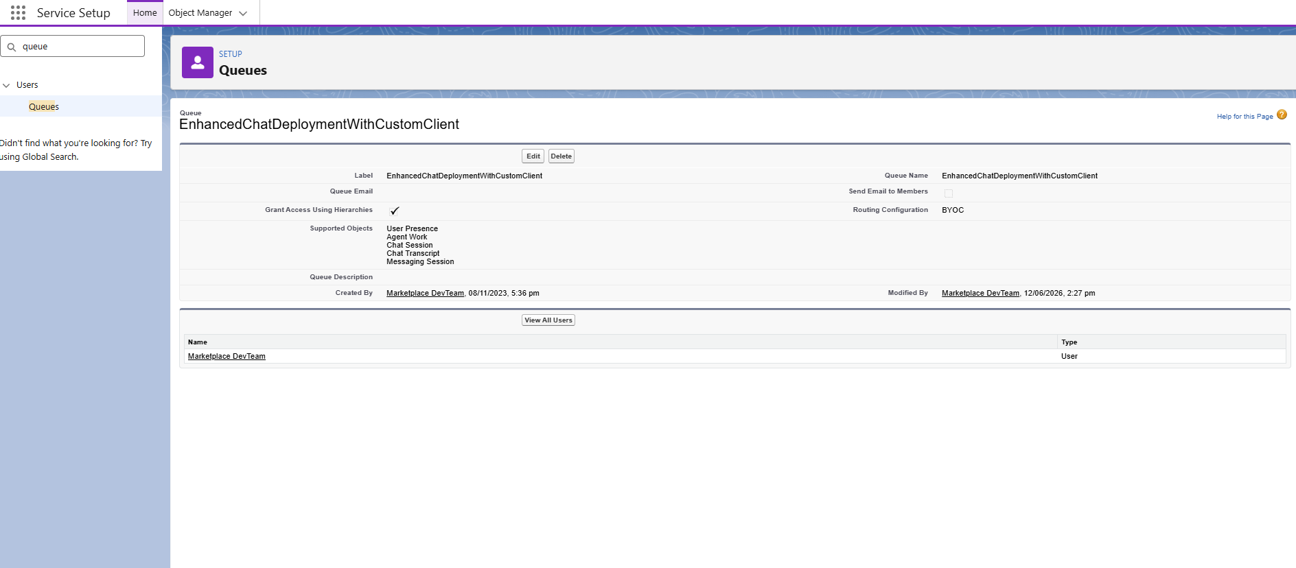 Salesforce queue detail page showing the queue name