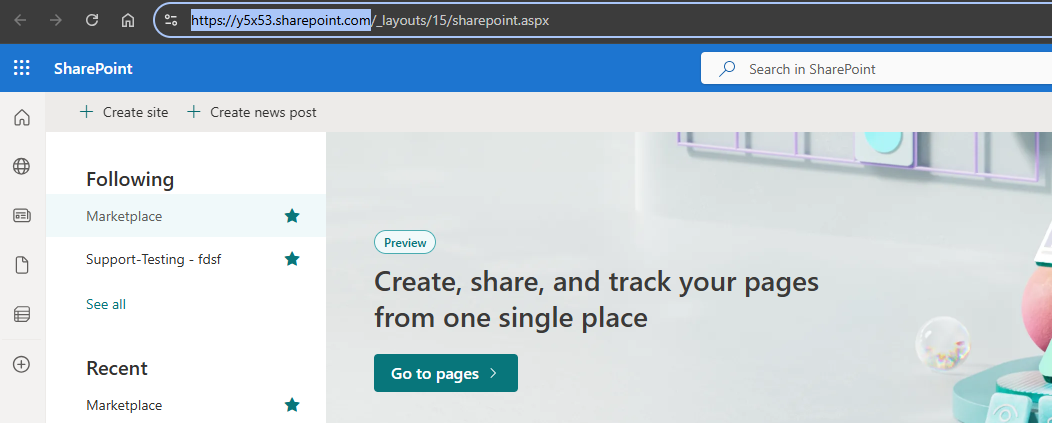 SharePoint site showing the Base URL in the browser address bar