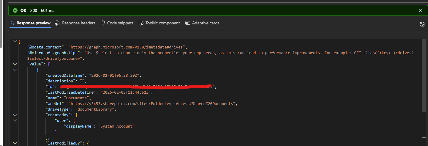 Graph Explorer response with the Drive ID field