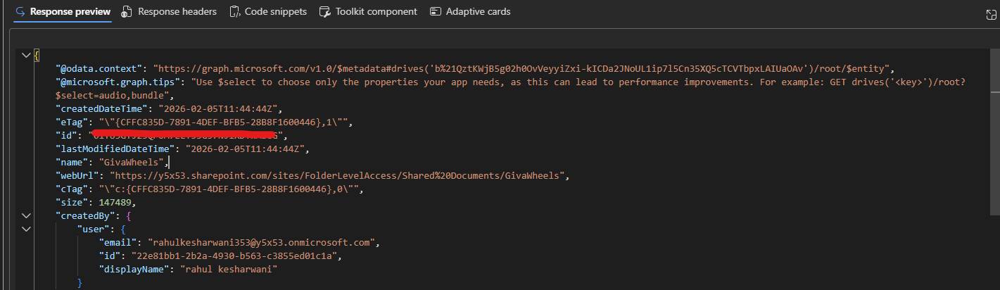 Graph Explorer response with the Folder ID field