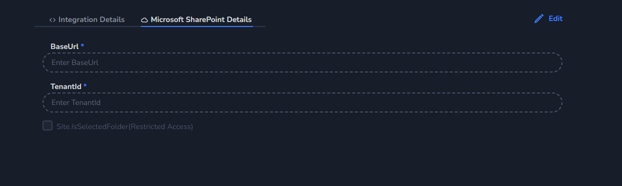 Selected Folder checkbox in the integration UI