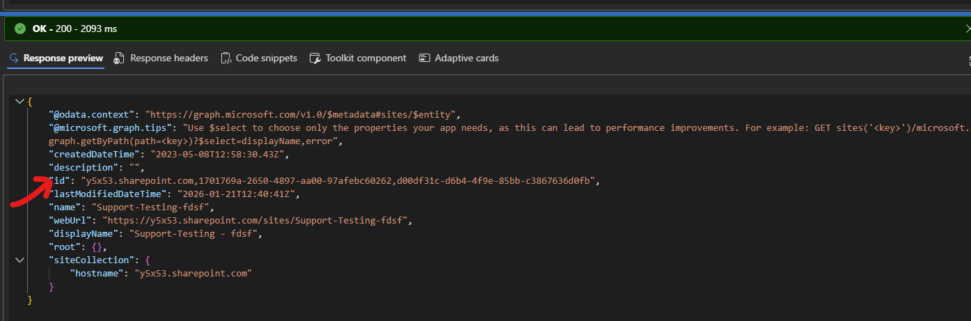 Graph Explorer response with the Site ID field