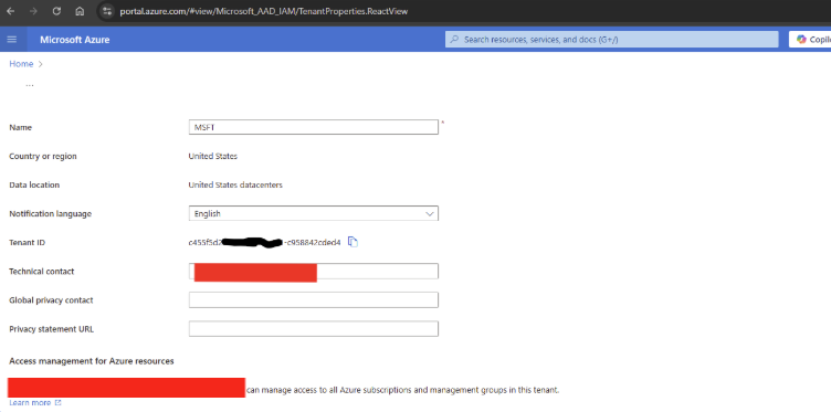 Azure Portal Tenant Properties page showing the Tenant ID