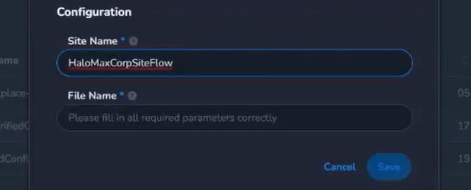 Halo integration configuration showing SiteName field example