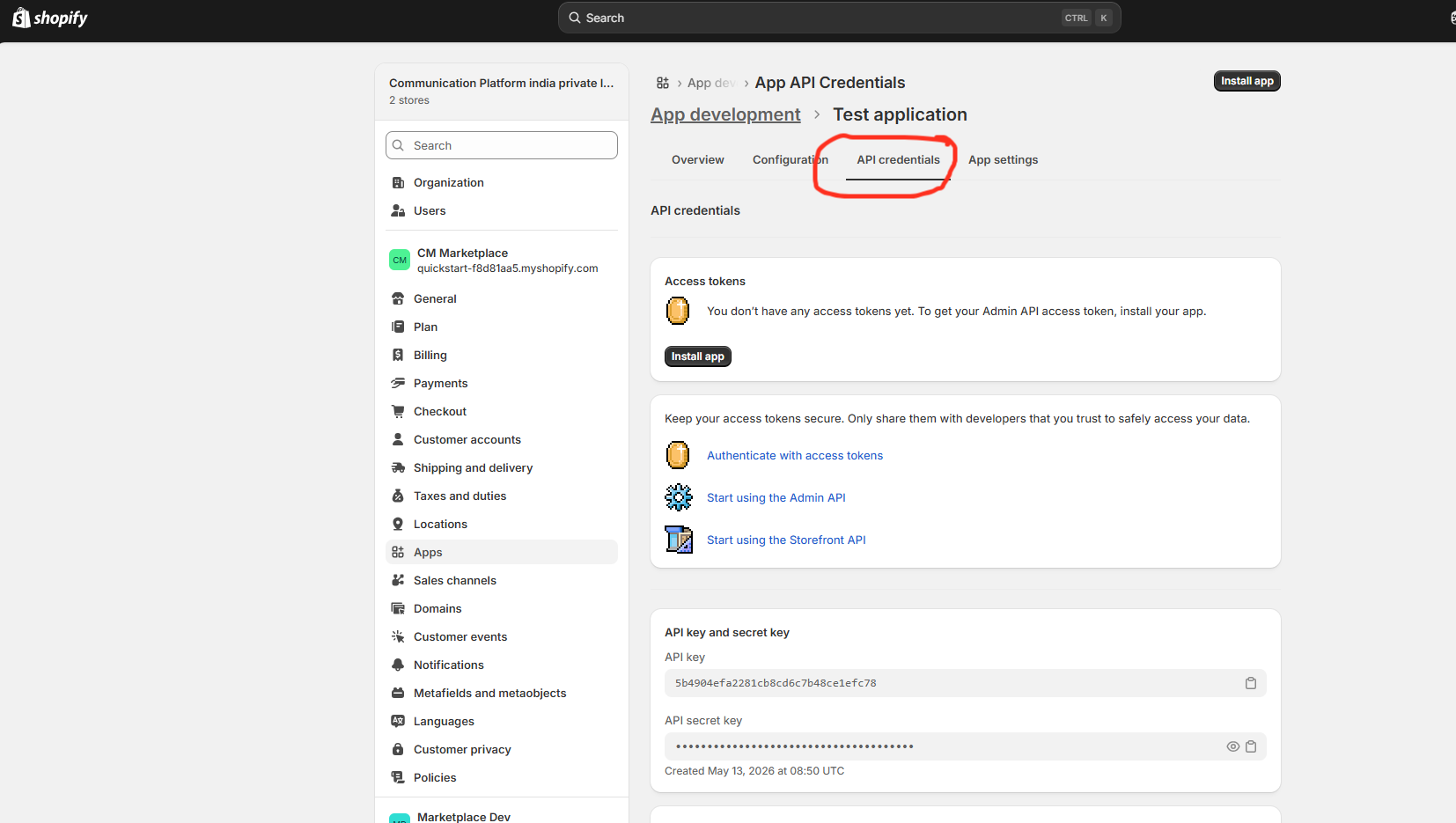 Shopify API credentials tab, Admin API access token section