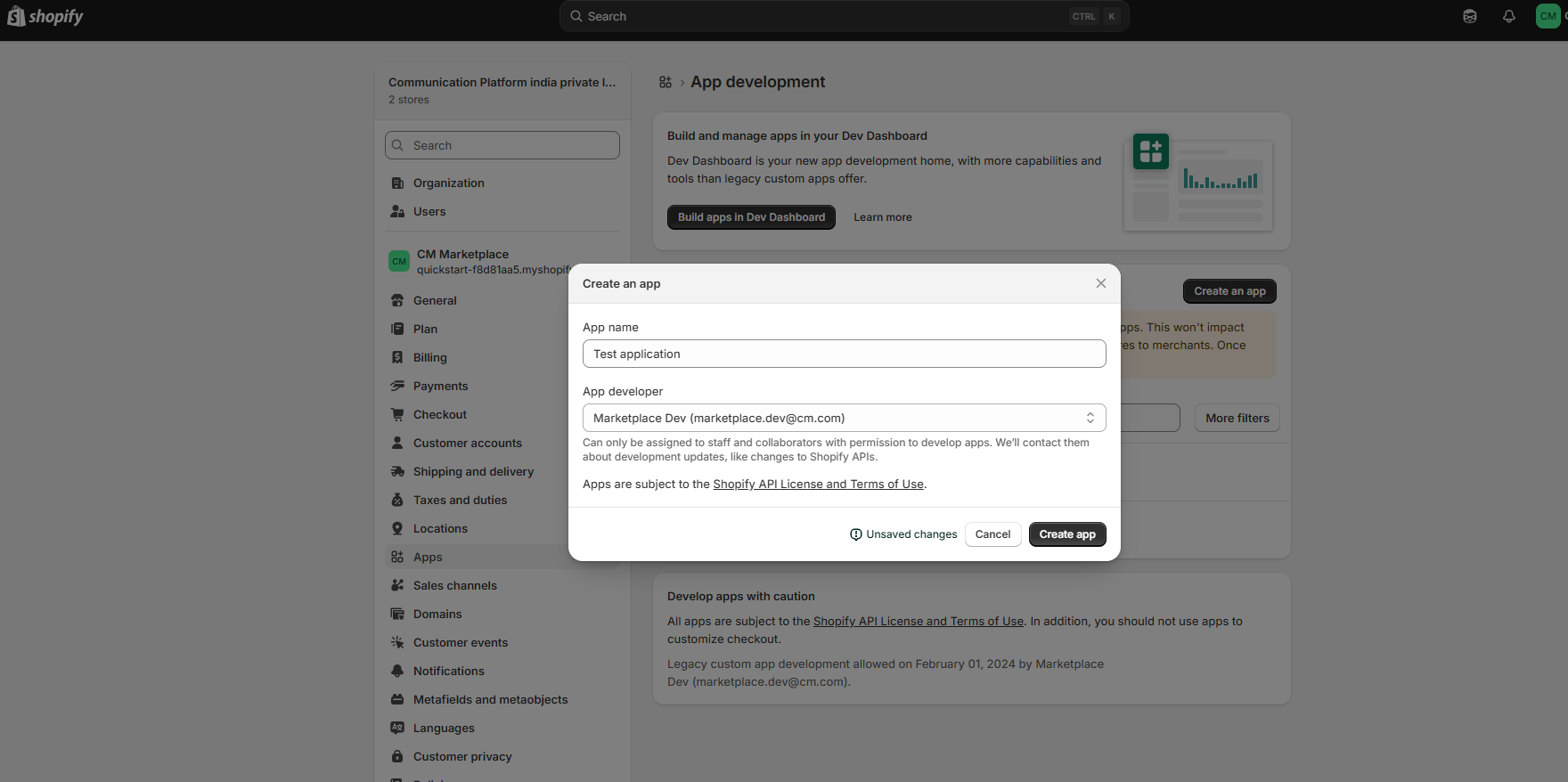 Shopify app name entry screen