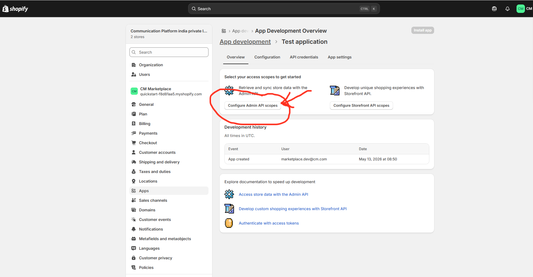 Shopify Configure Admin API scopes button