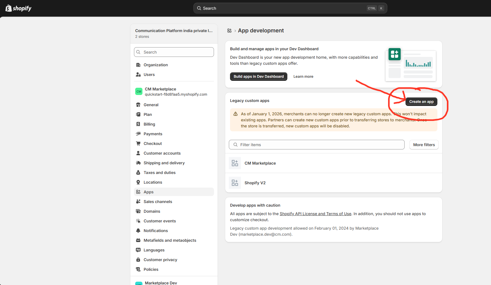 Shopify Create an app button