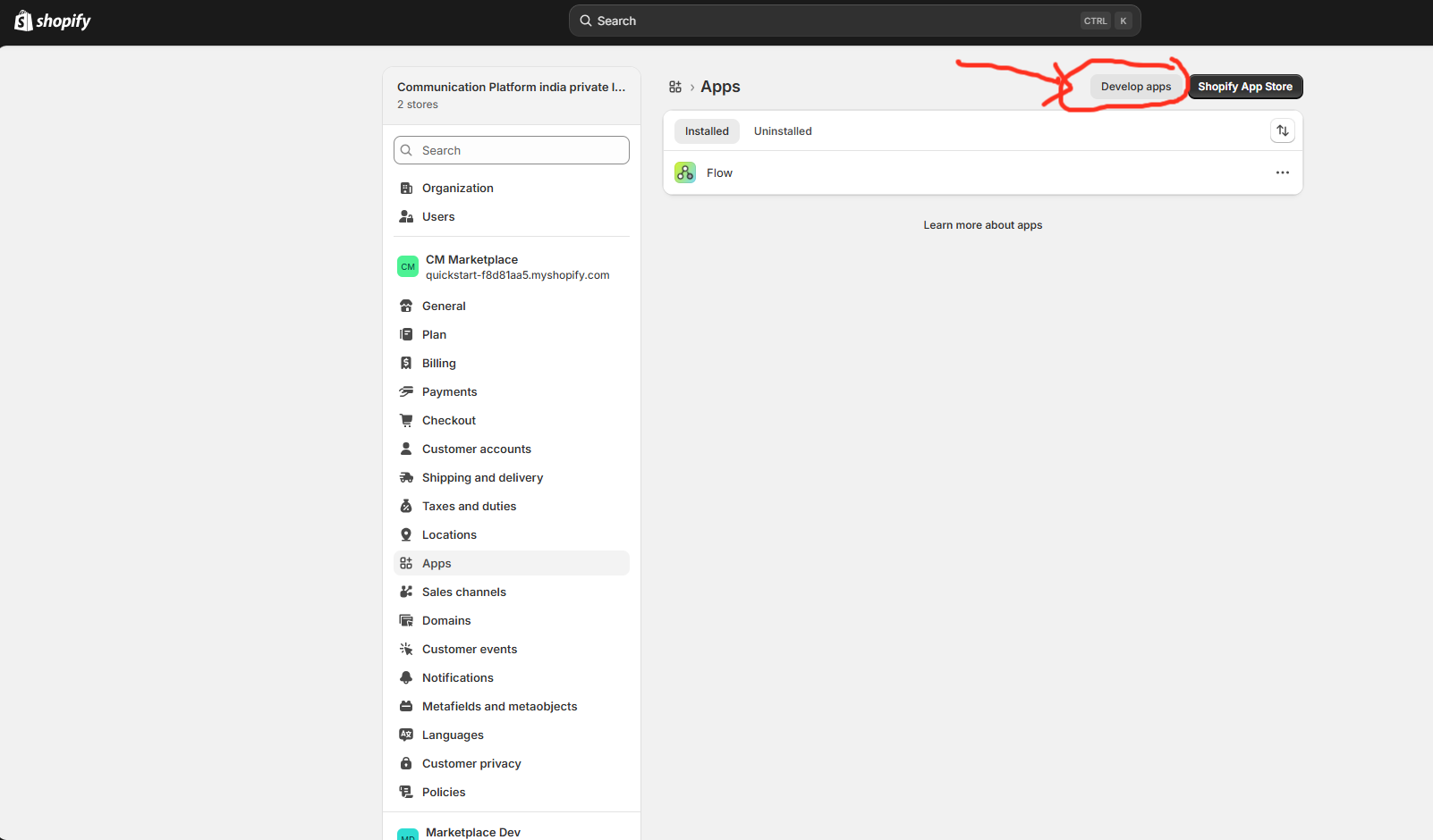 Shopify Develop apps button