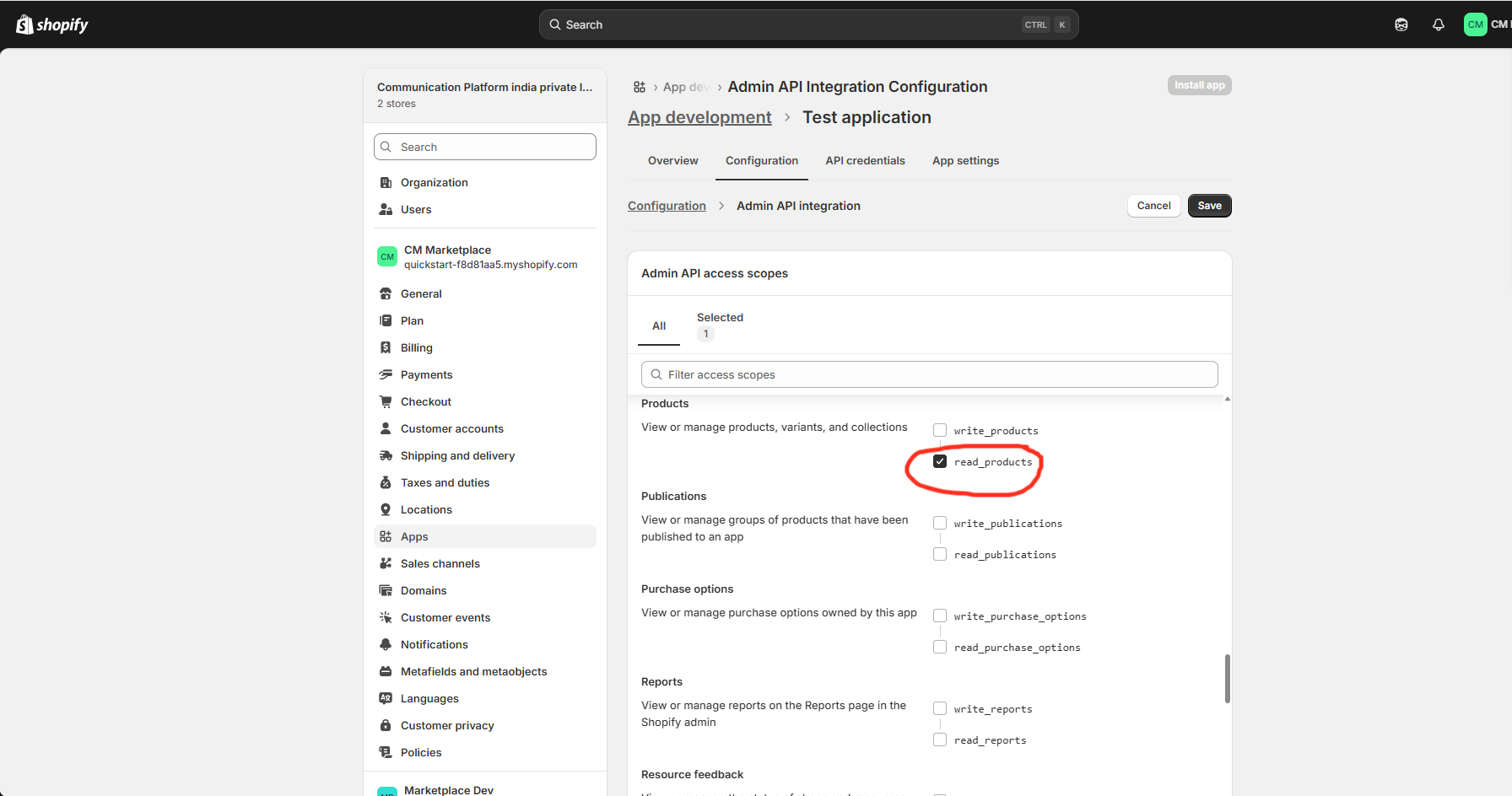 Shopify read_products permission enabled