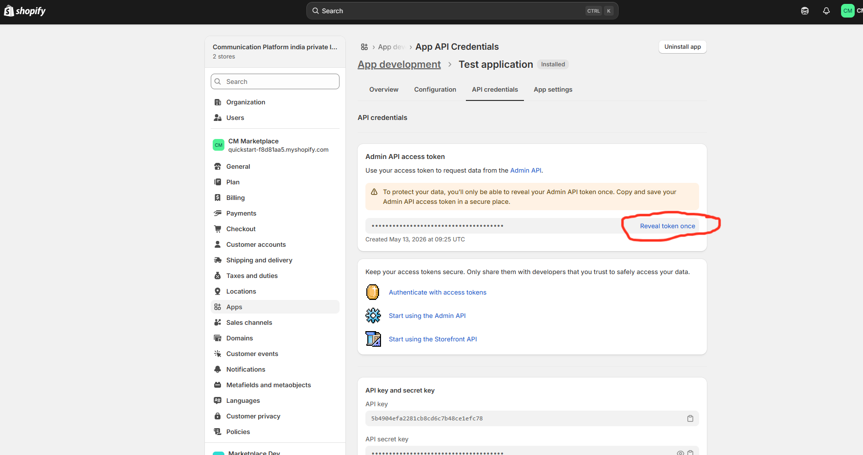 Shopify reveal access token screen
