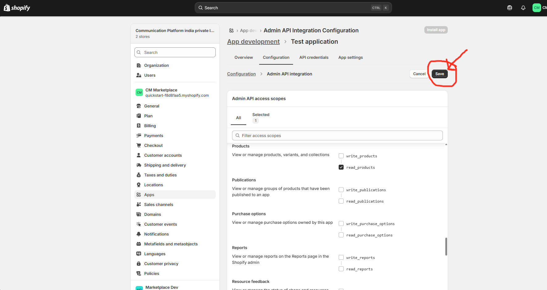 Shopify API scopes Save button