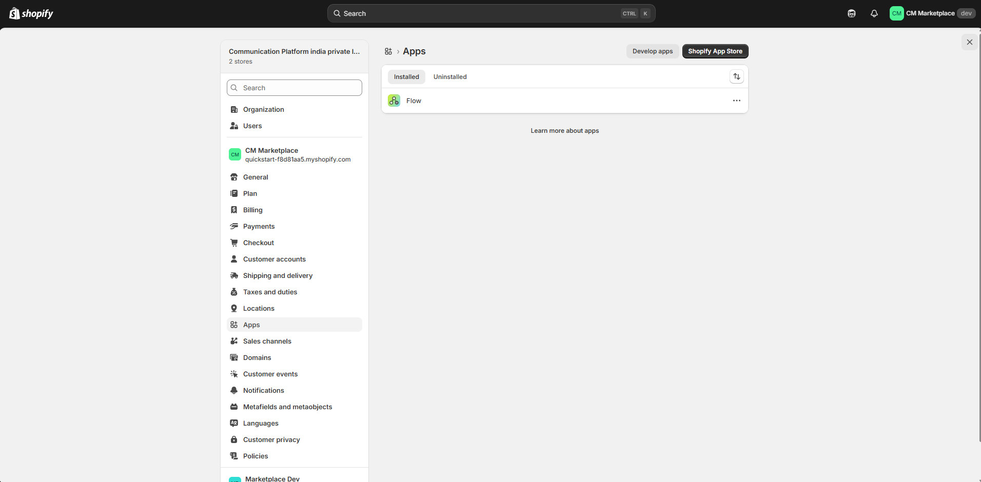 Shopify Settings and Apps navigation