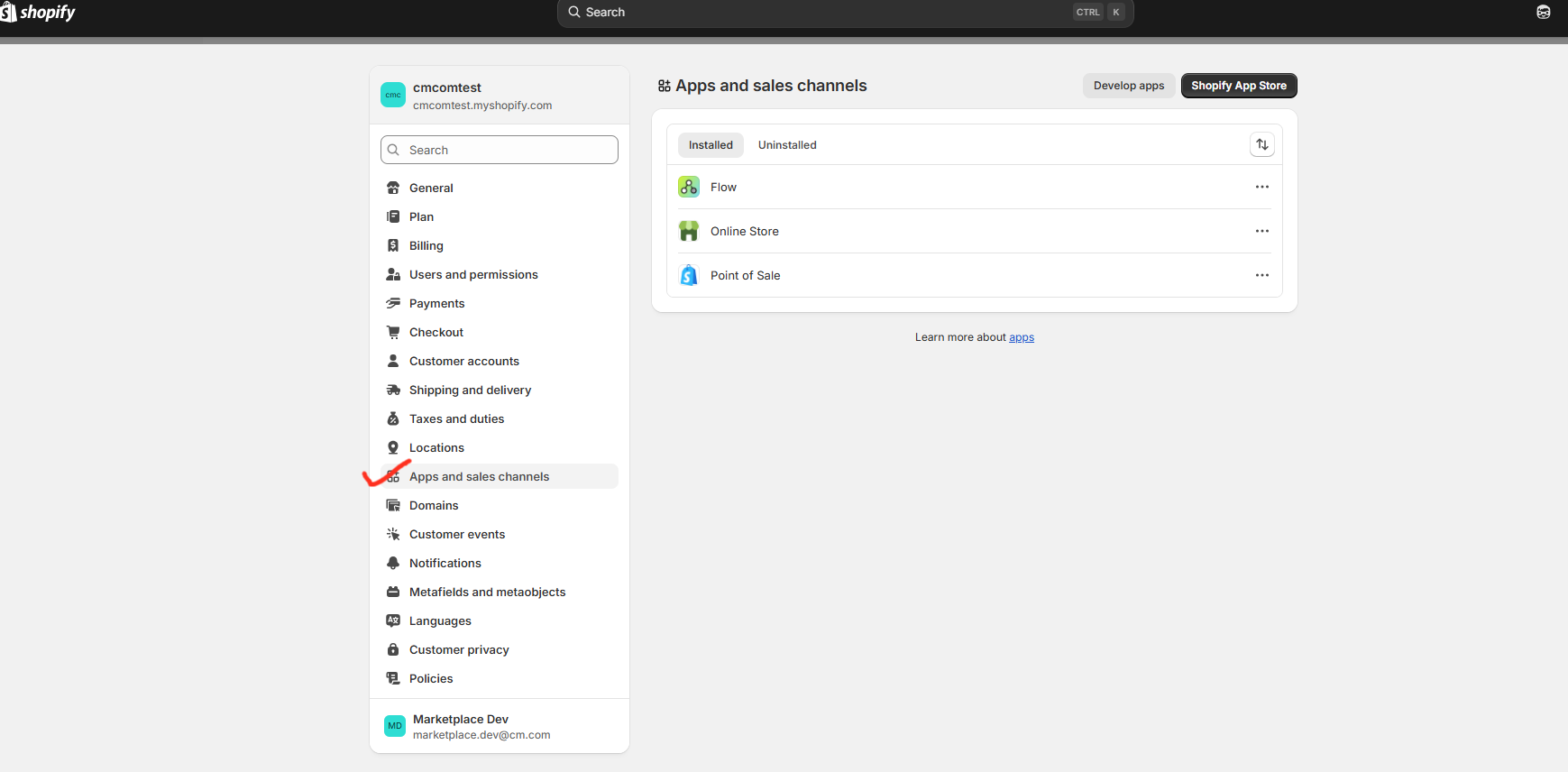 Shopify Settings > App and sales channel menu