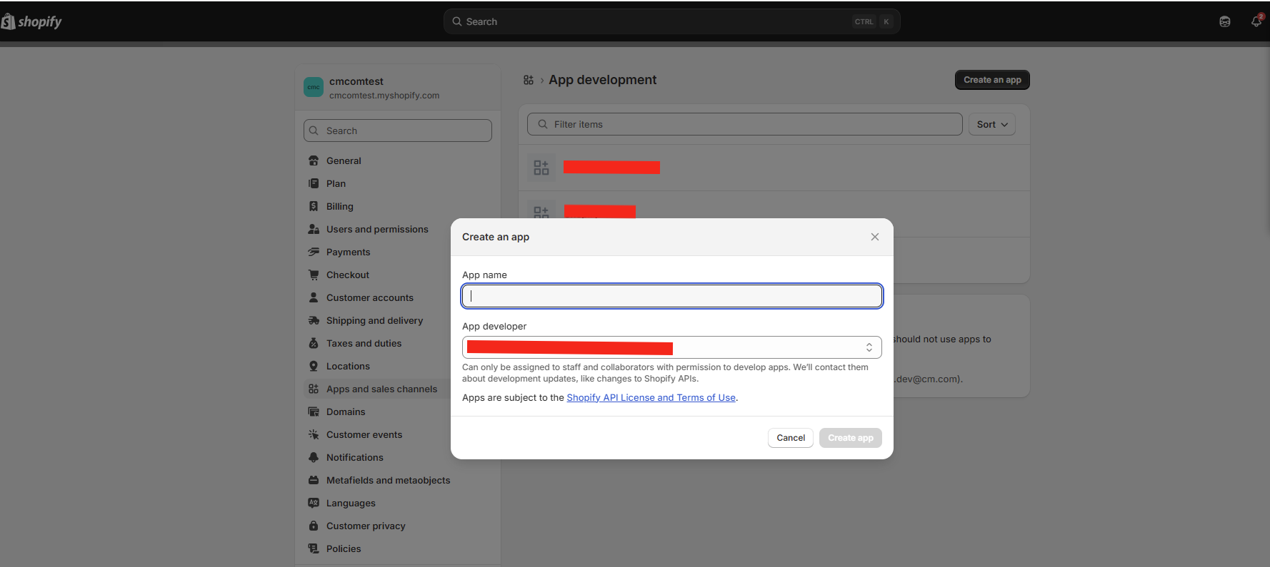 Shopify app Configurations tab