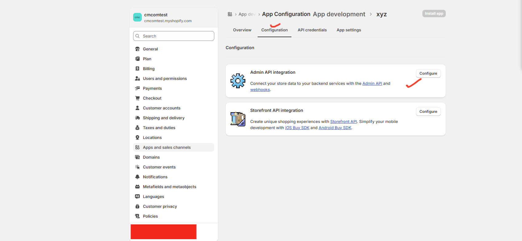 Admin API Integration configuration screen