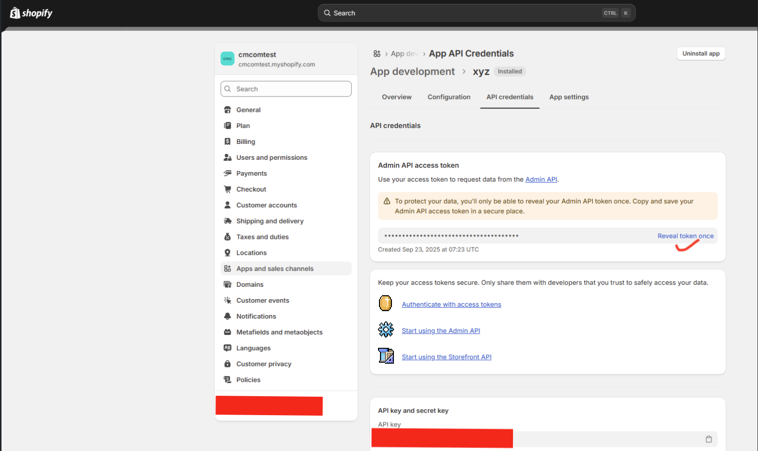 Admin API Access Token with Reveal Token button