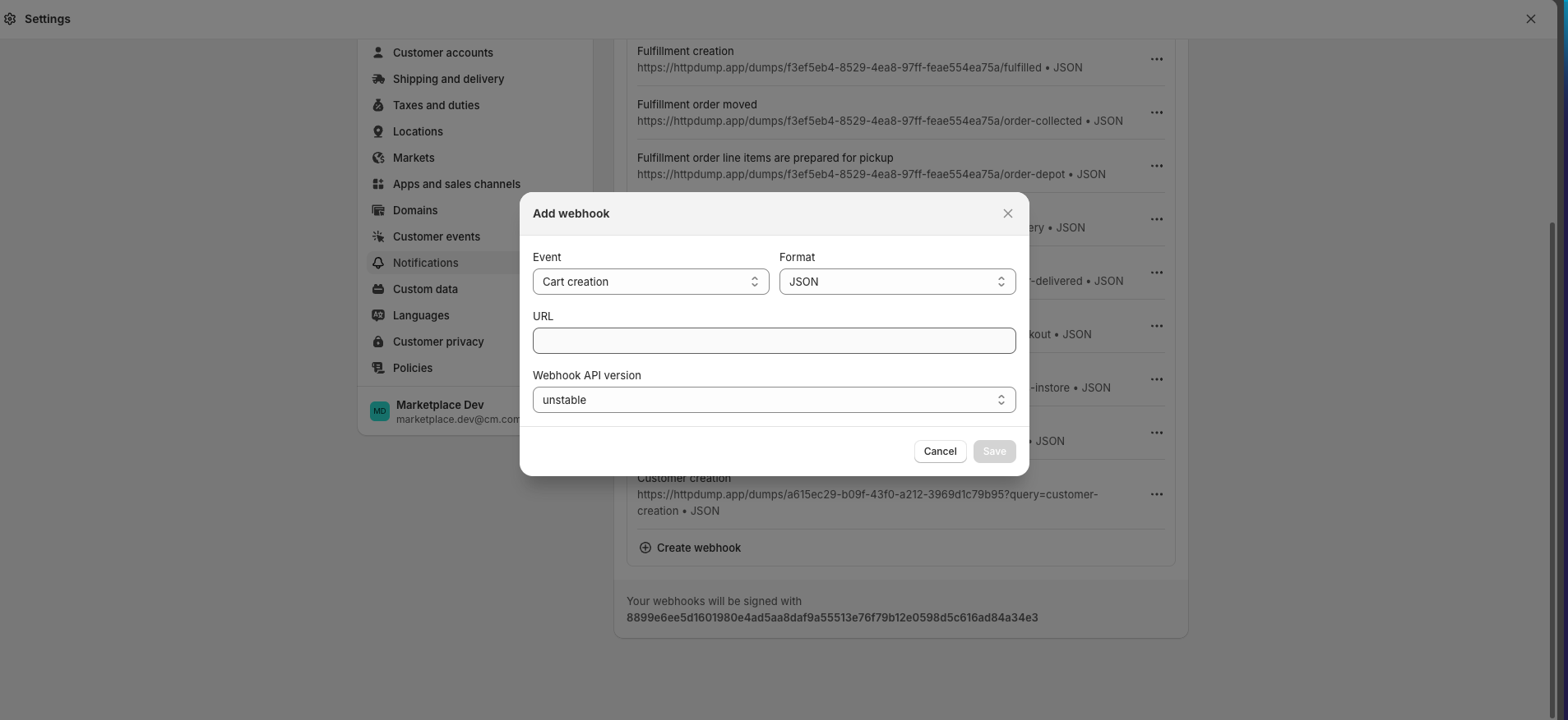 Webhook configuration form ready to save
