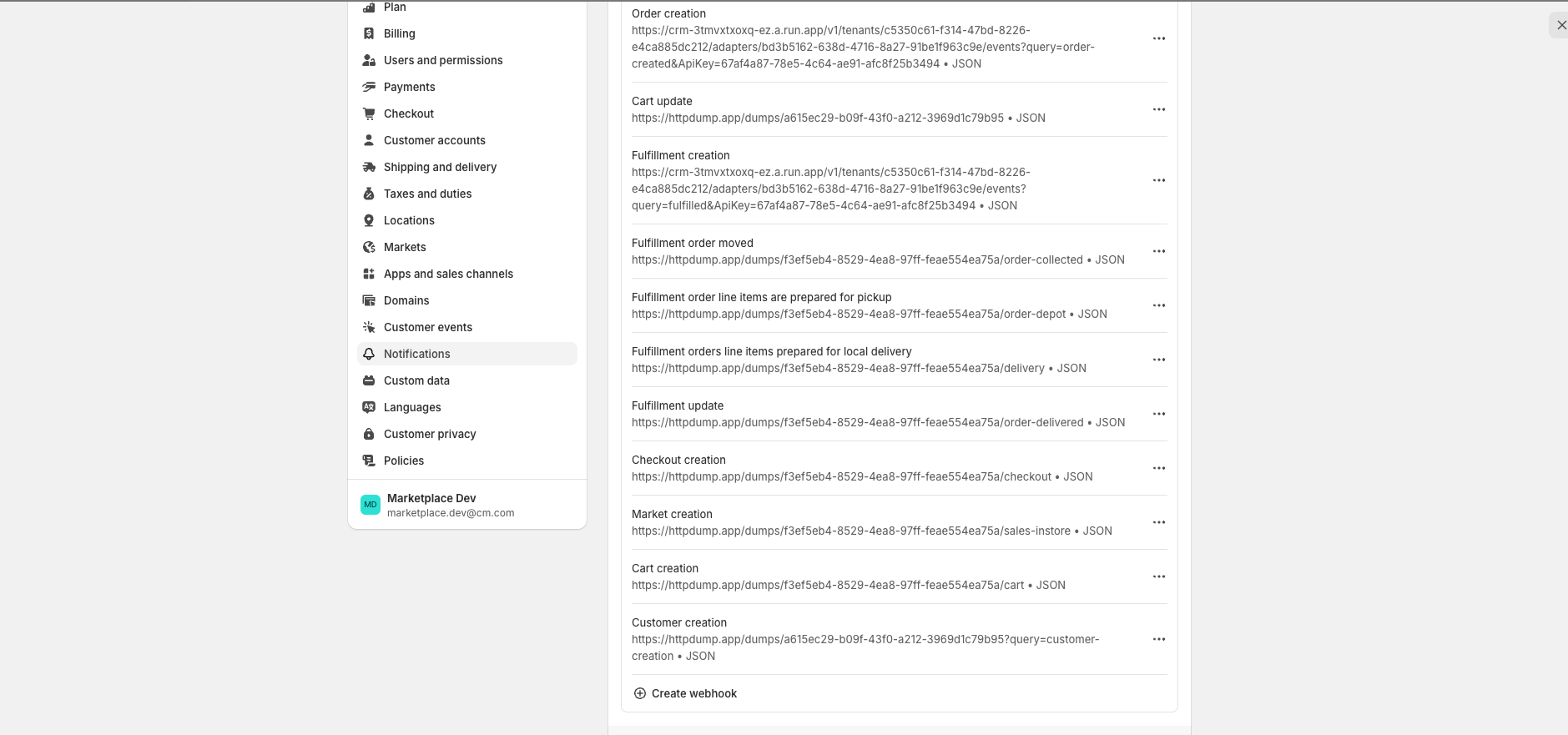 Shopify Notifications > Web hooks interface