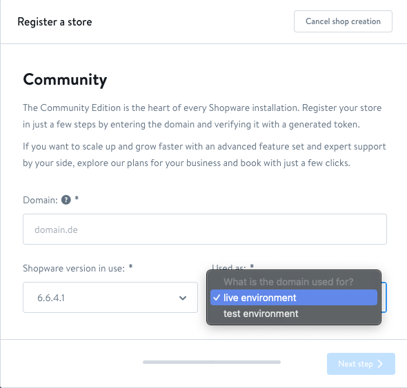 Shopware self-hosted registration window