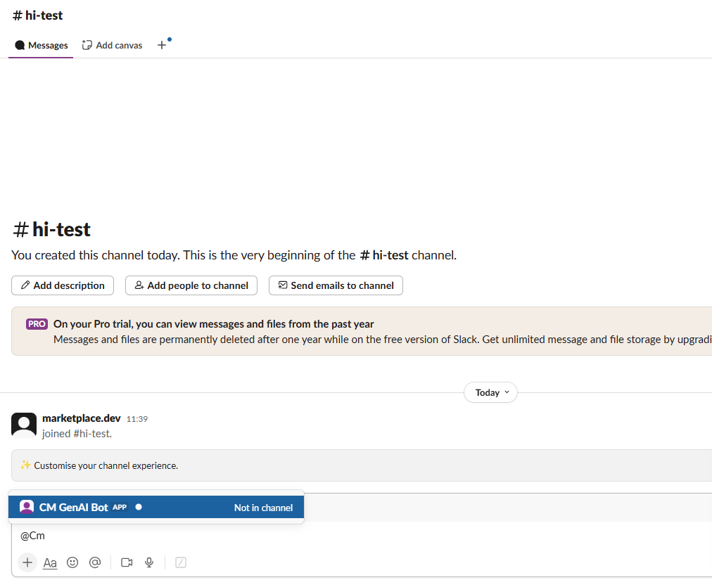 Mentioning the bot by name in a Slack channel