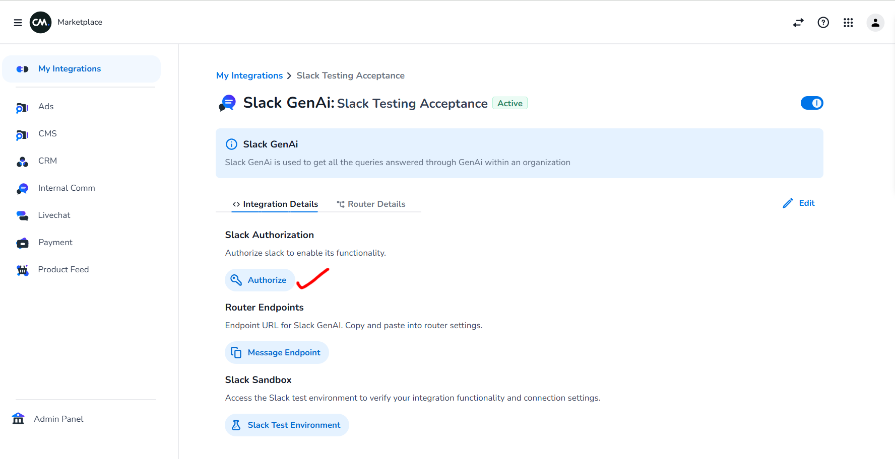 Slack workspace authorized in Marketplace