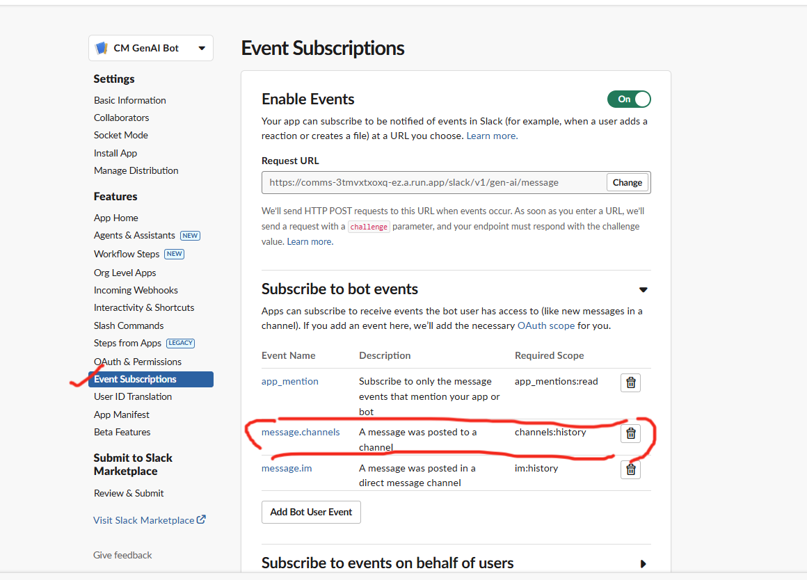 Event subscription scopes for the Slack bot