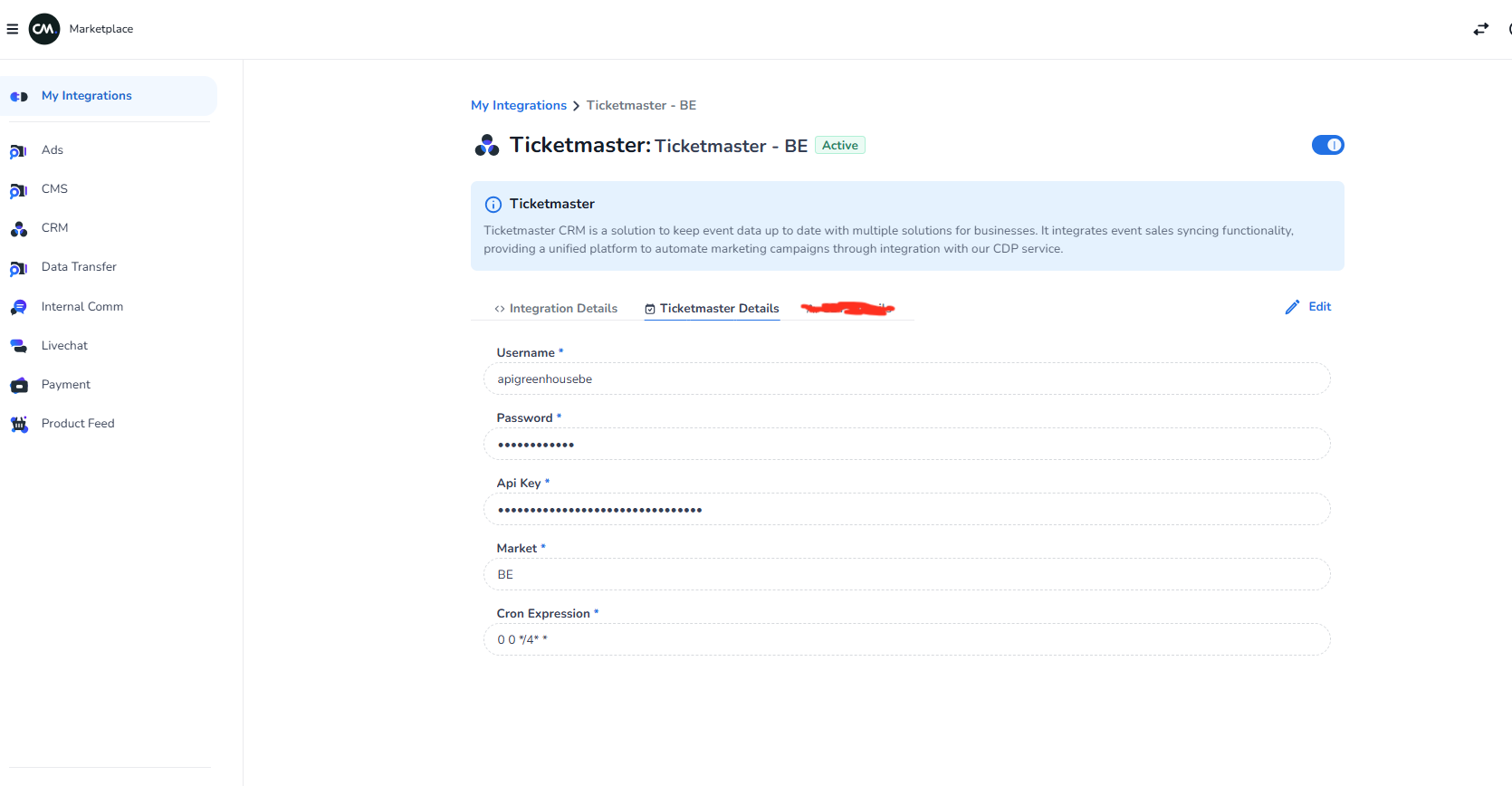 TicketMaster customer details form with Username, Password, Api Key, Market and Cron Expression fields