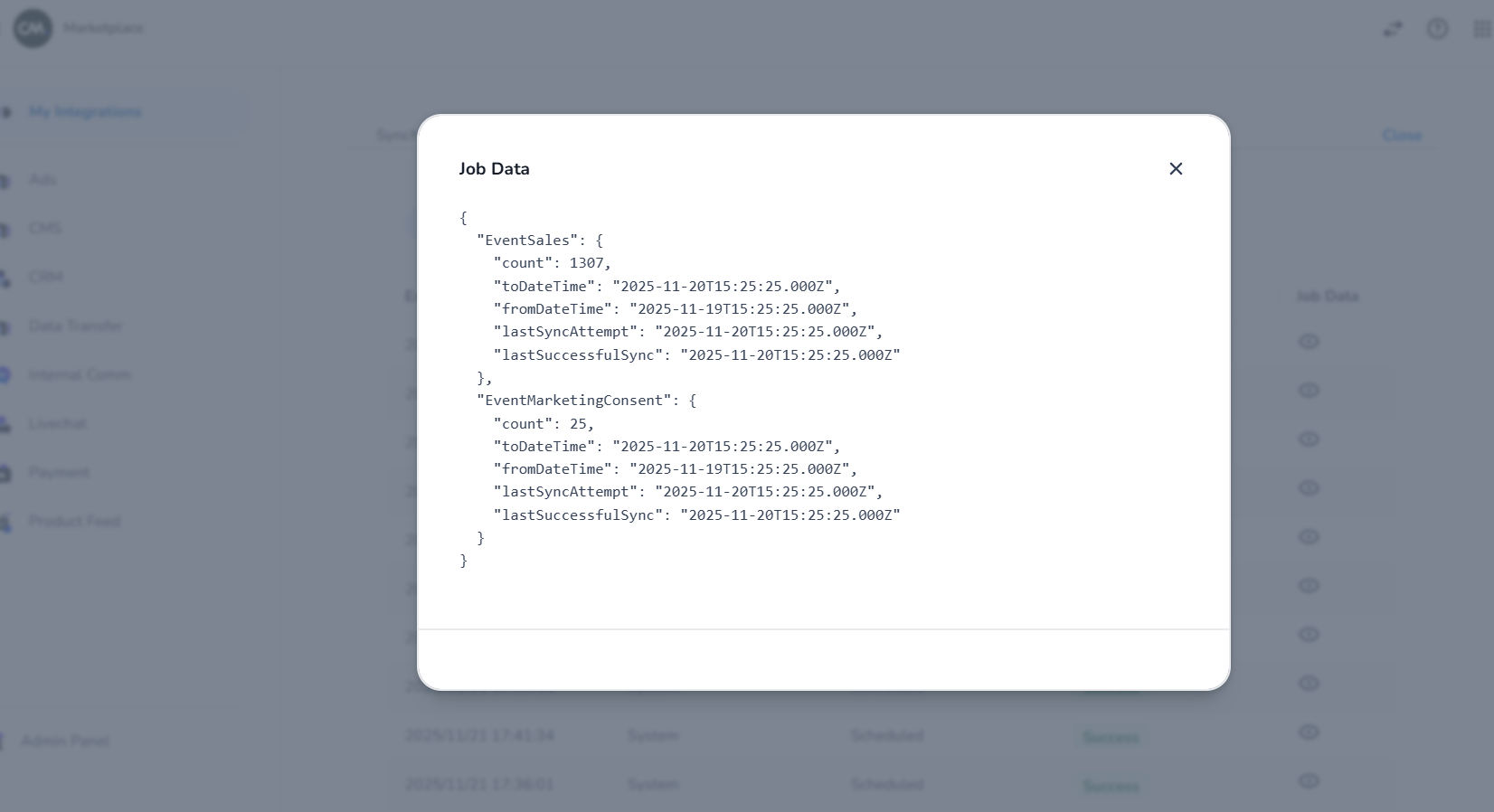 Event data for a Ticketmaster sync-attempt
