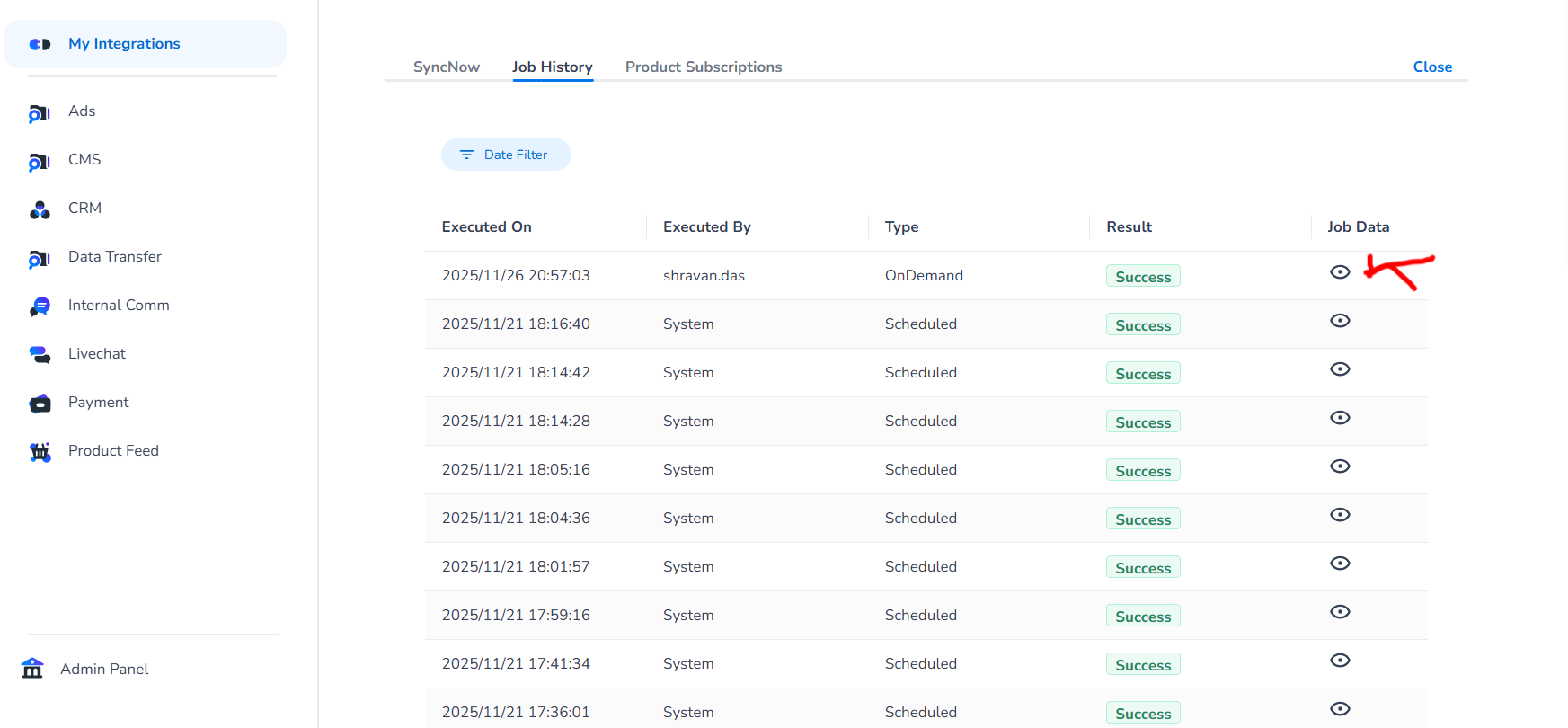 Eye button under Job Data column in Job History
