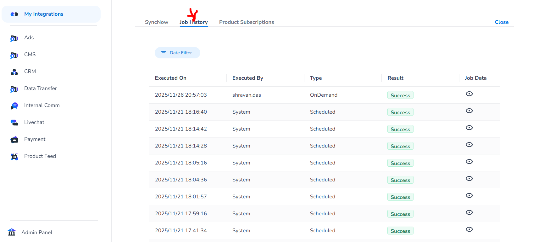 Ticketmaster Job History tab