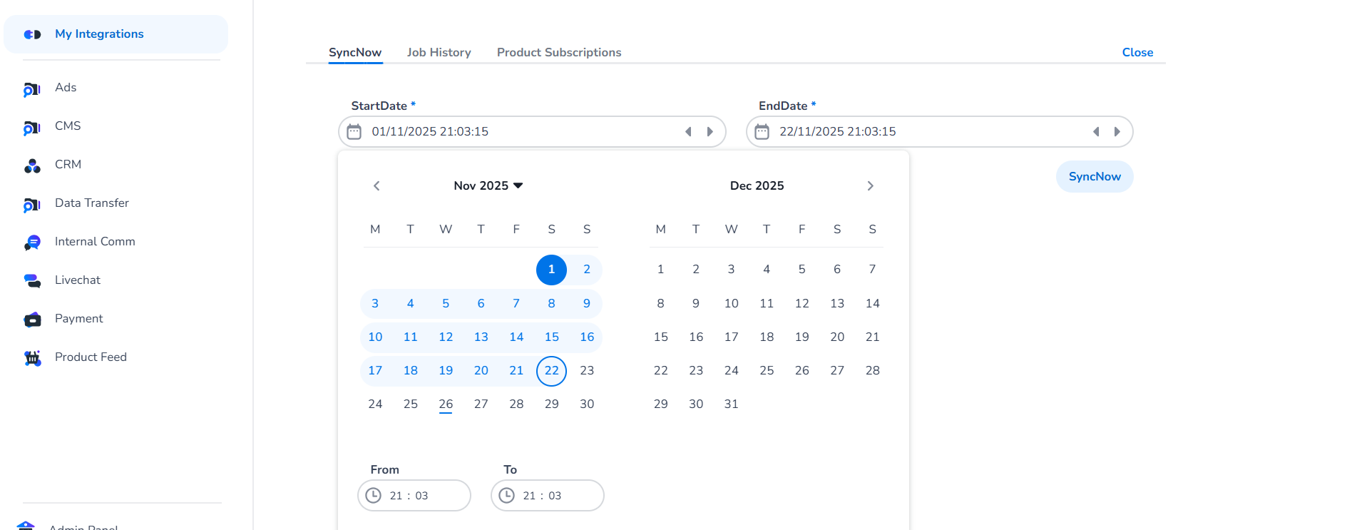 Selecting start and end date for on-demand sync