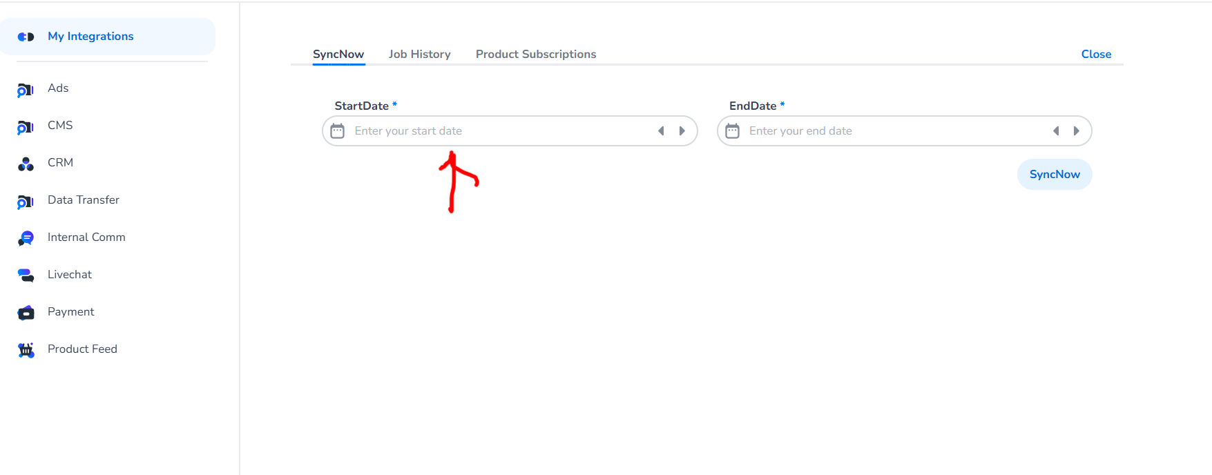 StartDate input field for on-demand sync