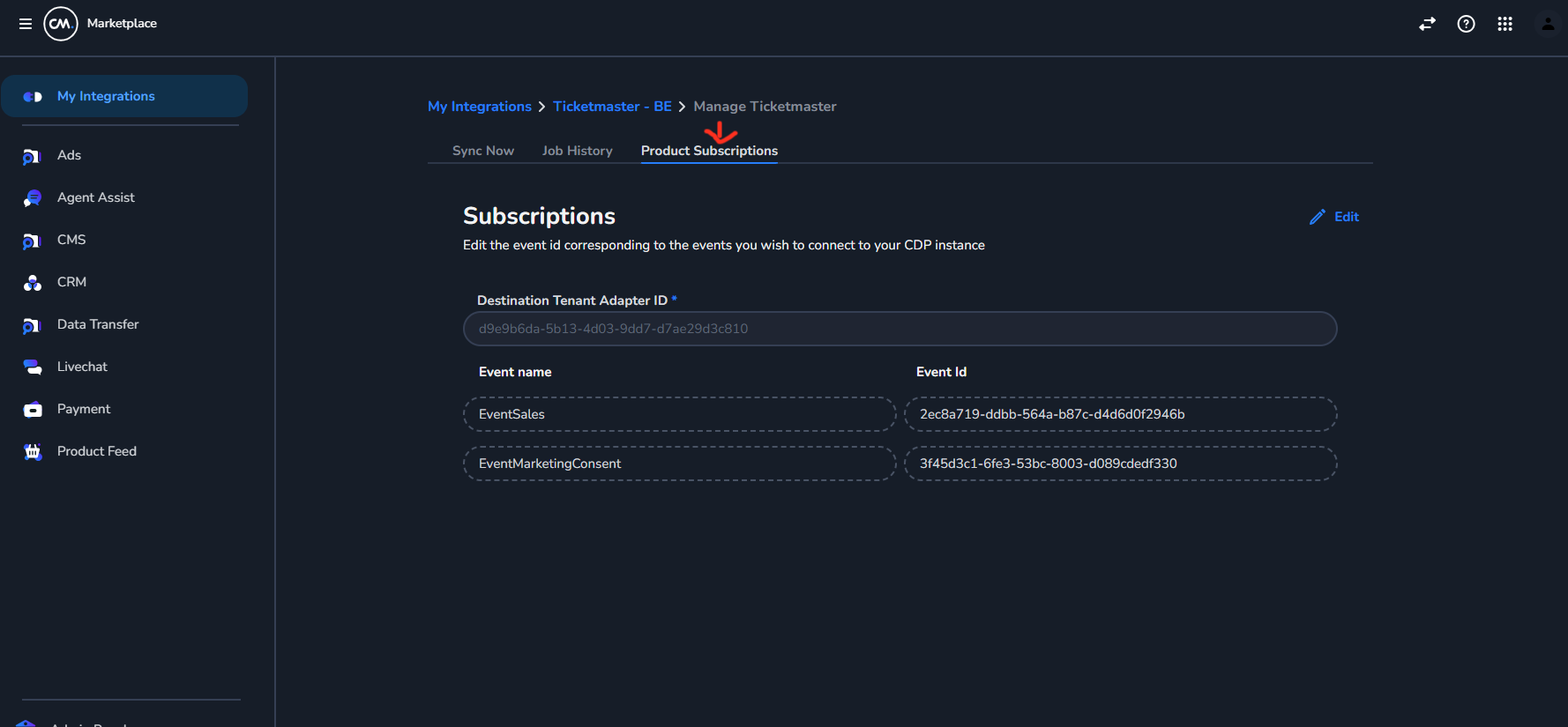 Product Subscriptions tab with Edit button