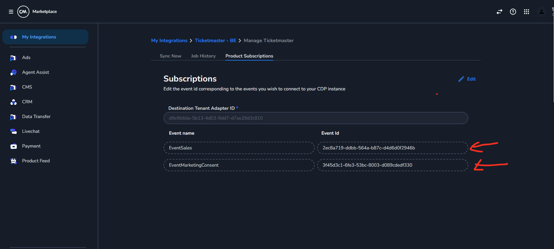 Entering the Event ID into the Product Subscriptions page